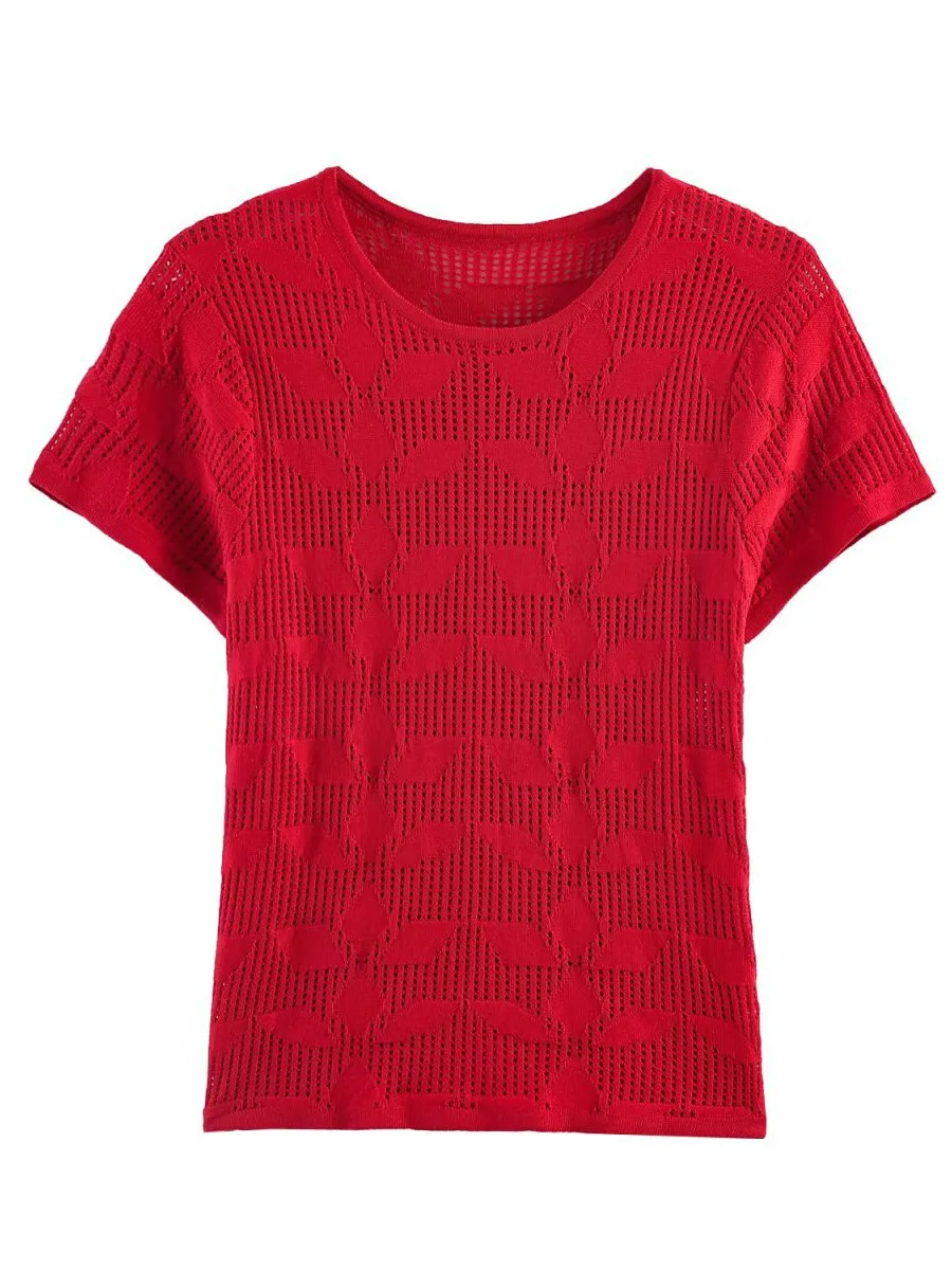 

Dave&di Fashionable Round Neck Textured Knitted Short Sleeved Top T-shirt Woman Clothes Female Clothing