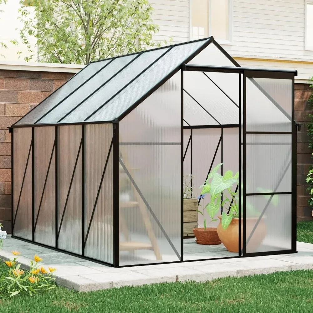 

6x8 FT Polycarbonate Greenhouse with Aluminum Frame, Raised Base and Roof Vent, Walk-in Greenhouses for Patio Garden, Greenhouse