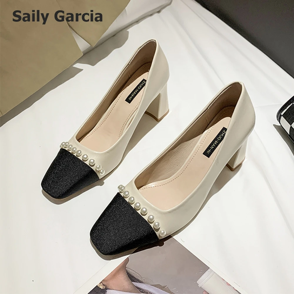 

Mixed Color Pearl Shallow Mid Heel Pumps Square Toe Microfiber Leather Grace Women High Heel Shoes 2023 Summer New Style Shoes