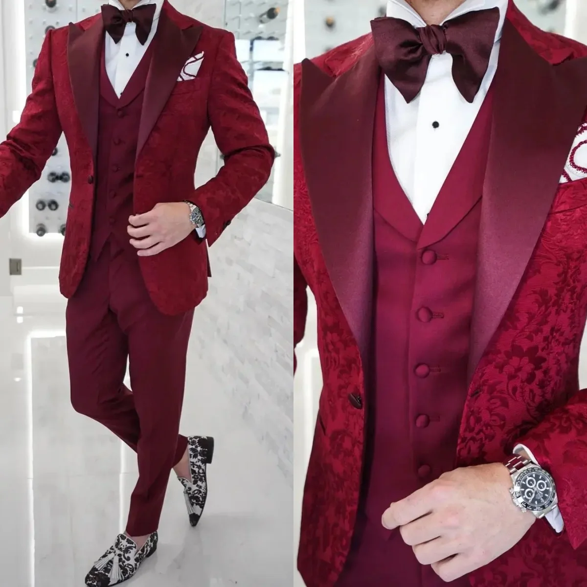 Red Floral Pattern Men Wedding Tuxedos 3 Pieces Groom Dinner Business Evening Pants Suits Birthday Party Wear