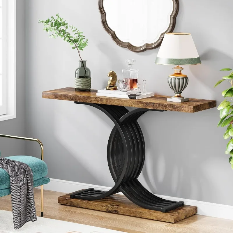 Industrial Entryway Table, 39-Inch Vintage Console Table Accent Table with Geometric Metal Legs, Narrow Wood Sofa Tab