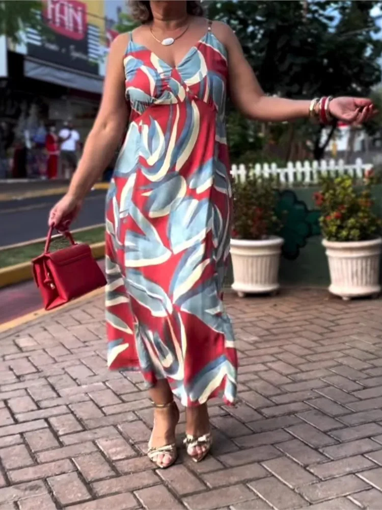 

Casual Sexy Dress Lady Fashion Floral Print V Neck Spaghetti Strap Loose Dresses For Women Beach Holiday Womens Clothing Summer