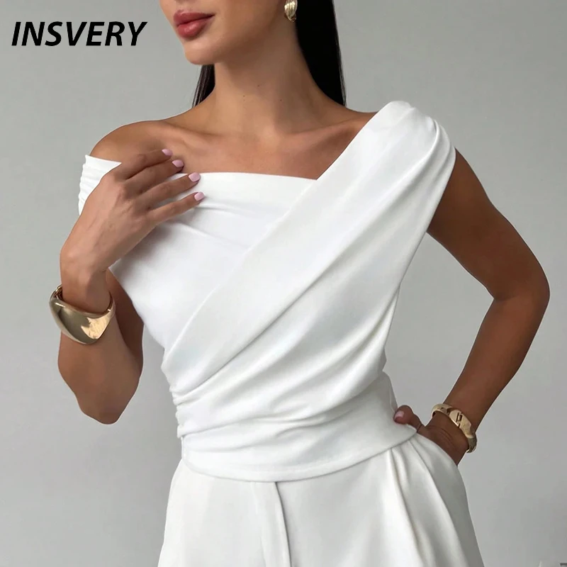 

Fashion Simple Office Tops Female Slash Neck Sleeveless T-shirts For Women Elegant Summer Women Shirt White Black