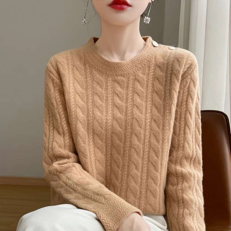 WOTEEWS Fashion O-neck 100% Australian wool sweater women's knitted full sleeved pullover sweater autumn and winter new products