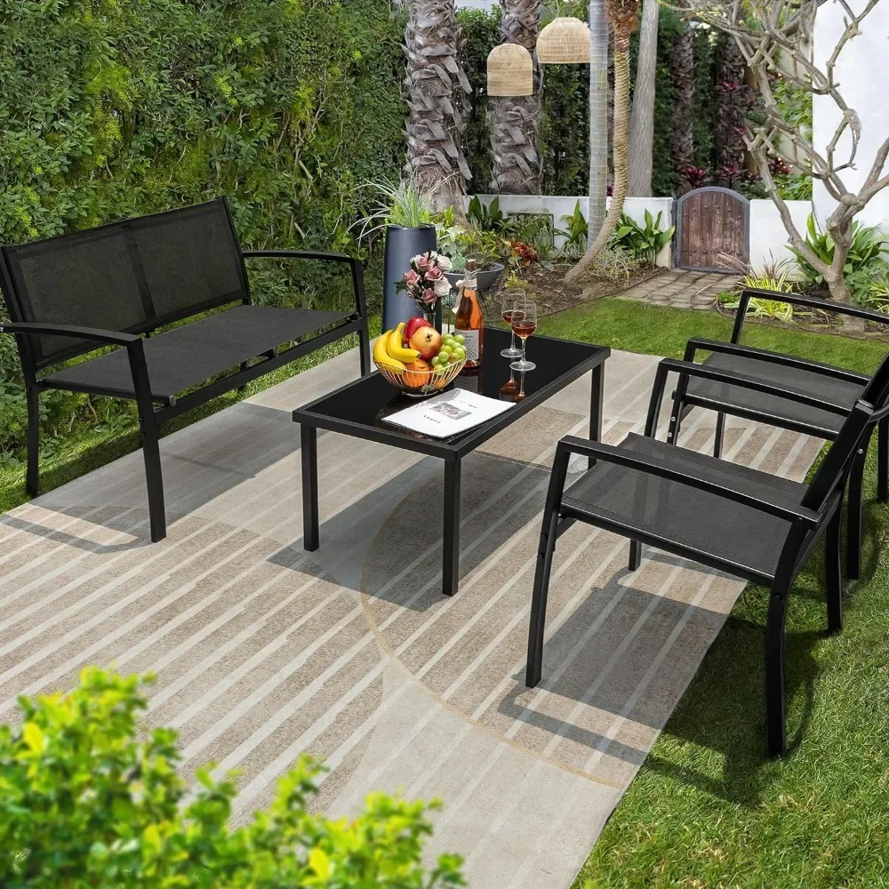 4 pieces of outdoor patio furniture textiles, dialogue black bistro set, two-seater sofa coffee table on lawn and balcony