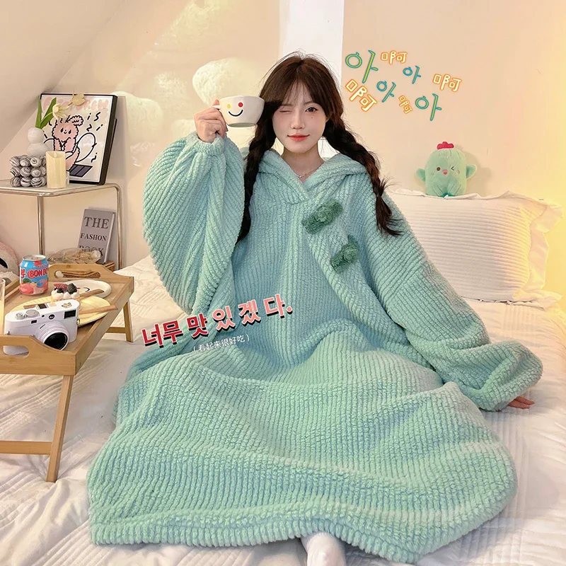 Women\'s Velvet nightgown pajamas Winter Hoodie Dress up Party Funny Robe Sleeping Skirt Home Clothing Unisex Loose pyjamas