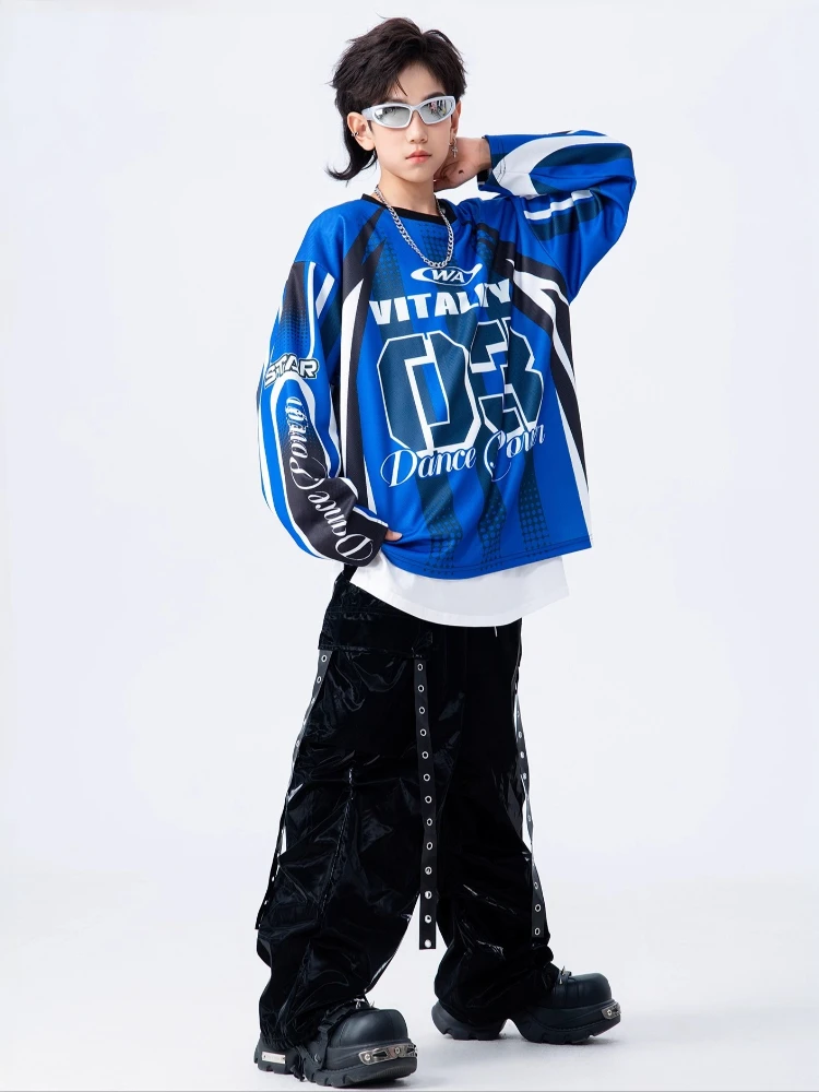 Jungen Streetwear Hip Hop Kontrast Sweatshirt Glänzende Leder Cargo Hosen Coole Street Dance Sport Kleidung Sets Gruppe Jazz Kostüme