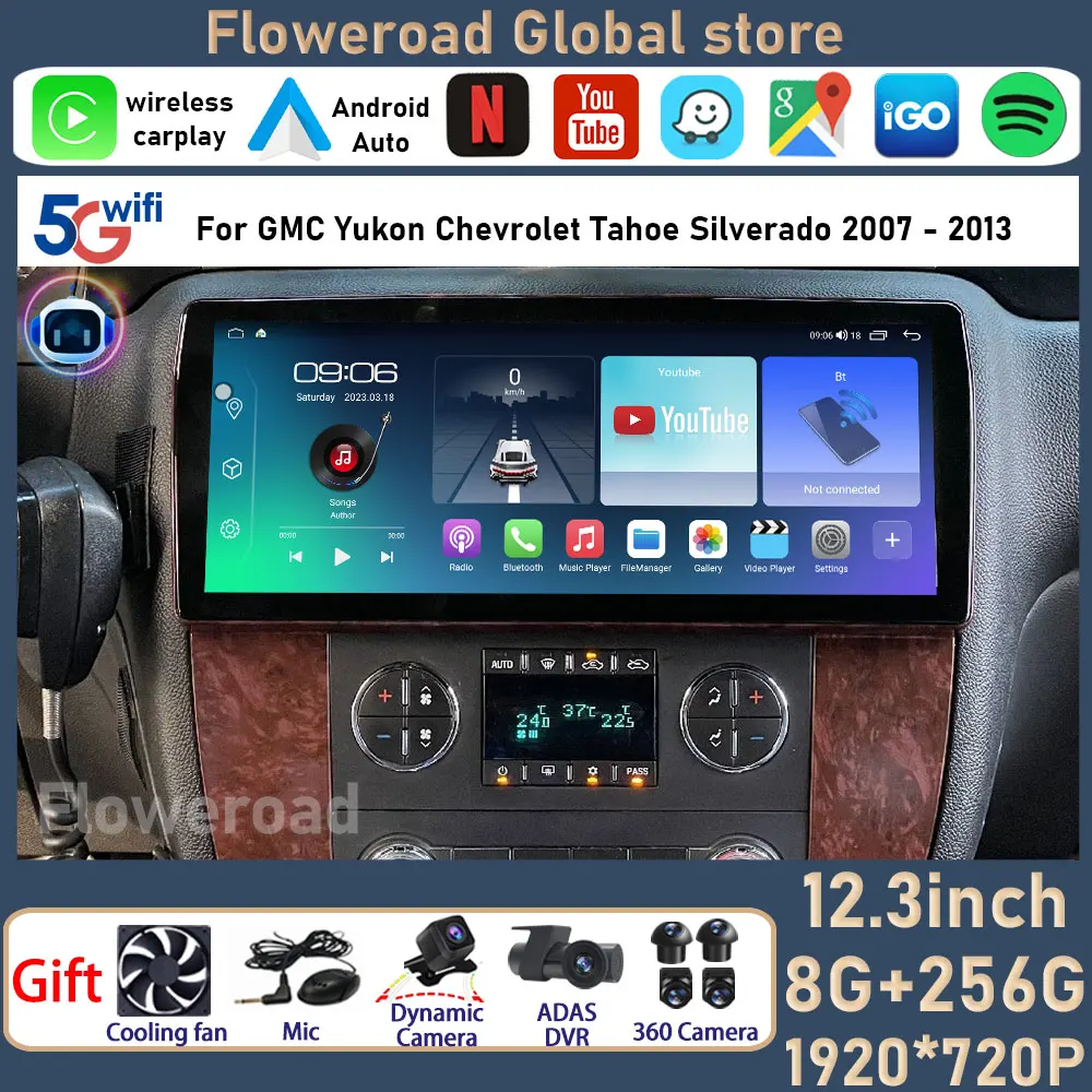 12.3 Inch Android For GMC Yukon Chevrolet Tahoe Silverado 2007 - 2013 Car Radio Multimedia Player GPS Head Unit Auto Stereo BT