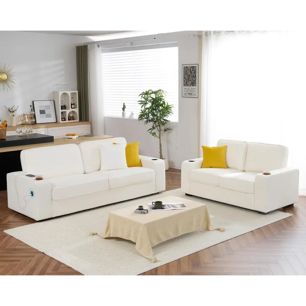 

Sofa, 2 Piece Set, 3 Seater Sofa and Loveseat with Cup Holders & USB Charging Ports, Modern Couches for Living Room