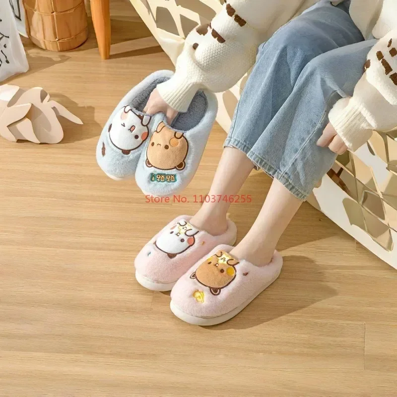 Anime bubu dudu urso chinelo de pelúcia dos desenhos animados casal chinelos inverno lazer casa ao ar livre anti deslizamento fundo grosso sapatos algodão quente