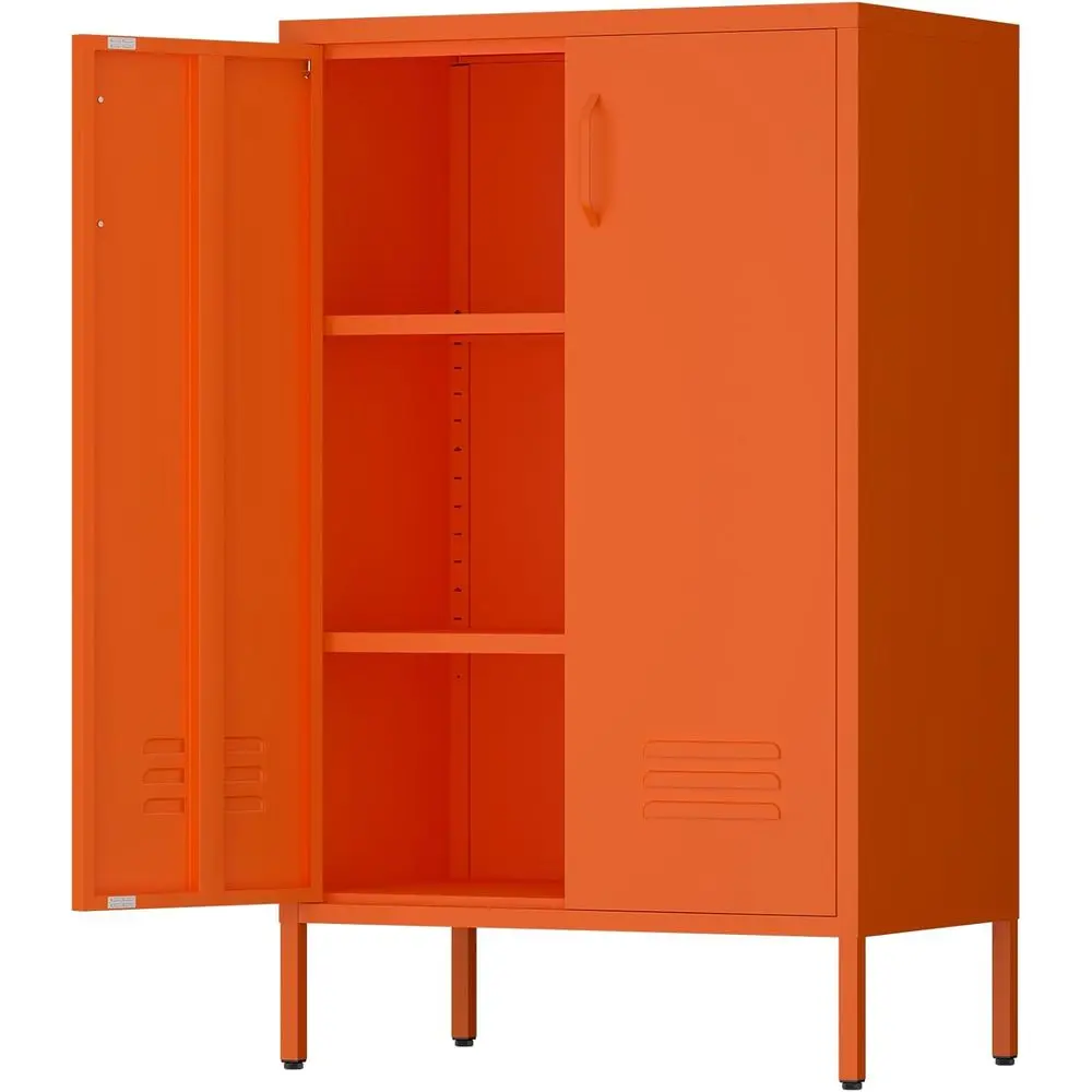 

Contemporary Metal Locker Cabinet with 2 Adjustable Shelves, Home & Office Storage Solution in Orange