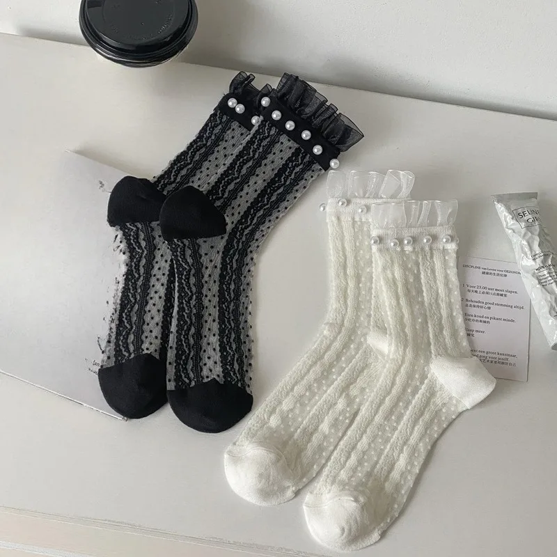 2 Paar modische, vielseitige Damensocken, dünne, einfarbige Spitzen-Rüschensocken, minimalistische, atmungsaktive transparente Damensocken