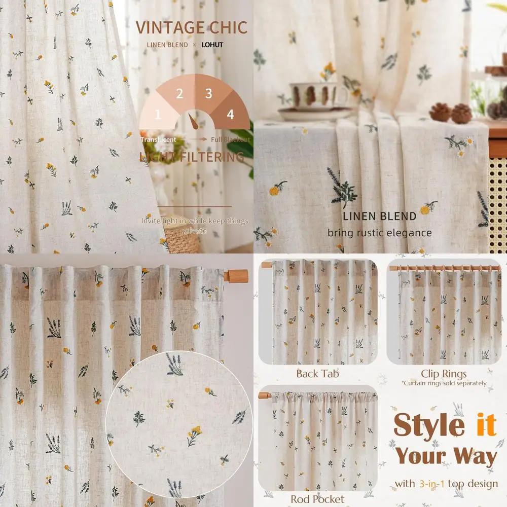 

Beige Floral Embroidered Linen Curtains, 84 Boho Style, Light Filtering, 2 Panels for Living Room & Bedroom