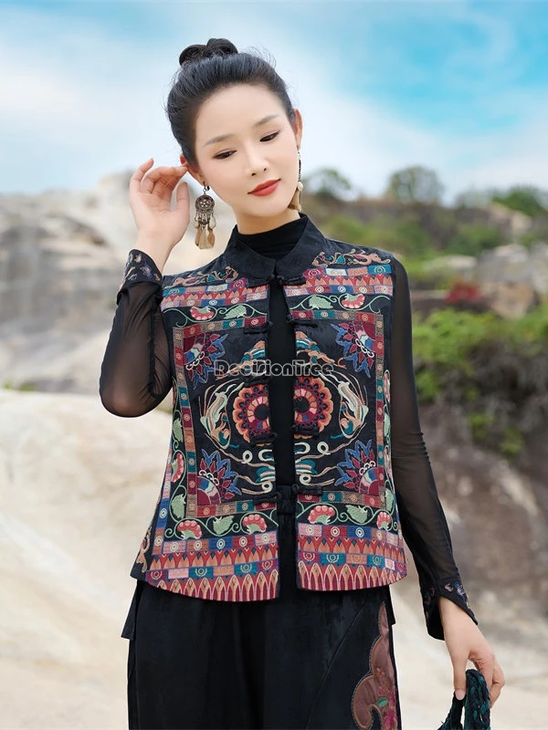 

2026 new chinese national style women's stand collar sleeveless embroidered vest traditional retro style tag suit blouse top