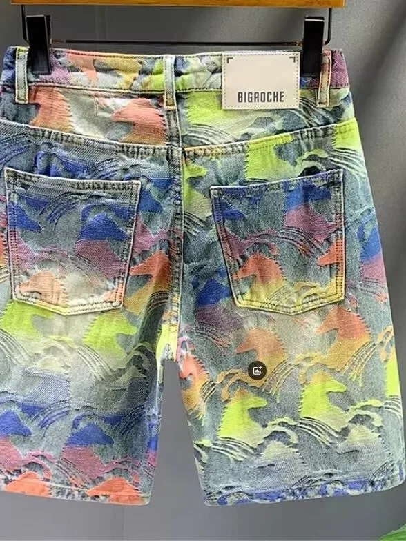 American High-End Floral Embroidered Five-Point Men's Jeans Shorts Loose Straight Casual High Waist Zipper Fly Summer Jeans