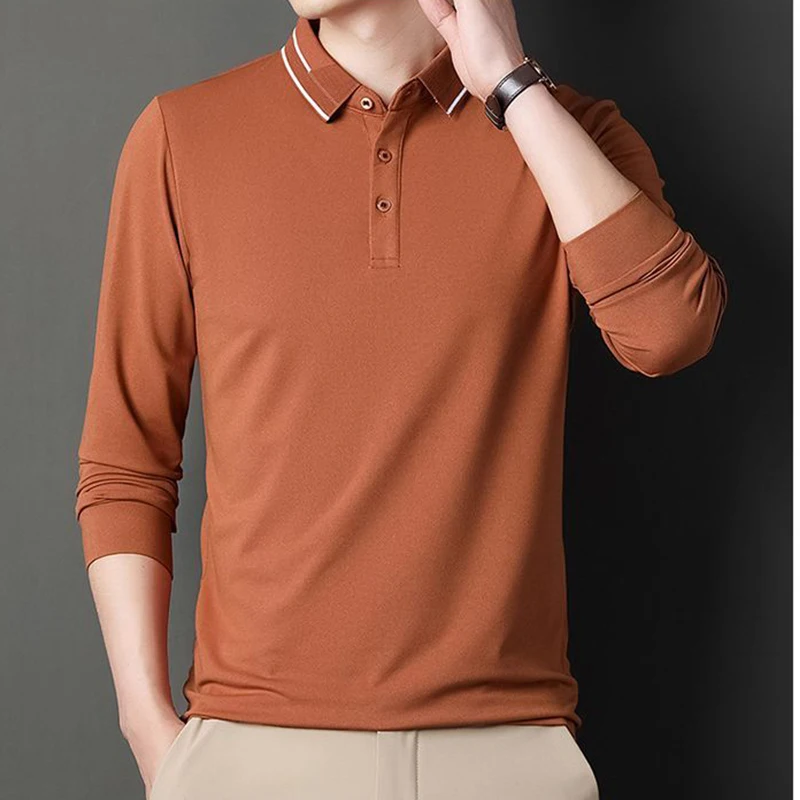 Men's Solid Long Sleeve T-shirt Turn-down Collar Polo Spring Autumn Casual Loose Business Clothing Fashion Button Tops