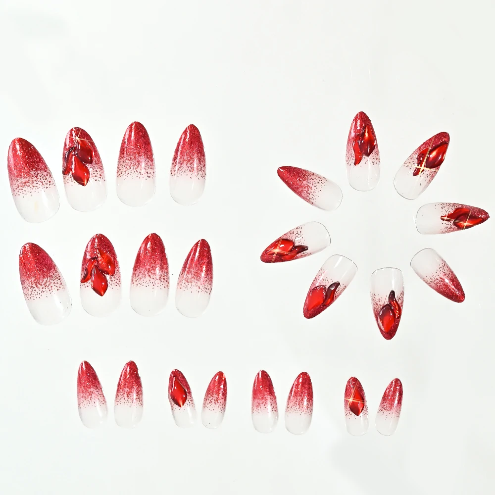 24Pcs Luxury Red Crystal Short Almond Fake Nails Valentine's Day Red Rhinestones Nail Tips Full-Cover Wearable Press On Nails
