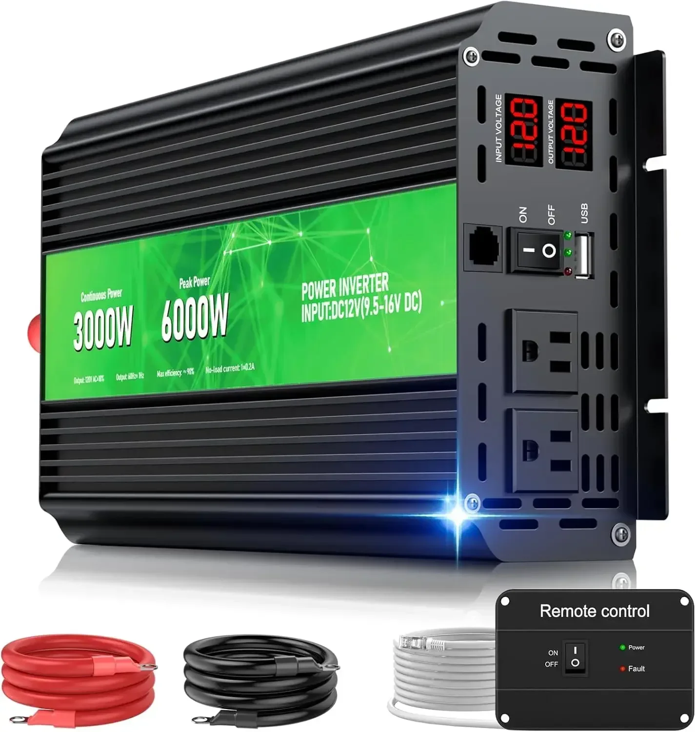 

3000W Power Inverter Peak Power 6000W 12V DC to AC 110V120V,Remote Control with 2AC Outlets and 2.4USB Port