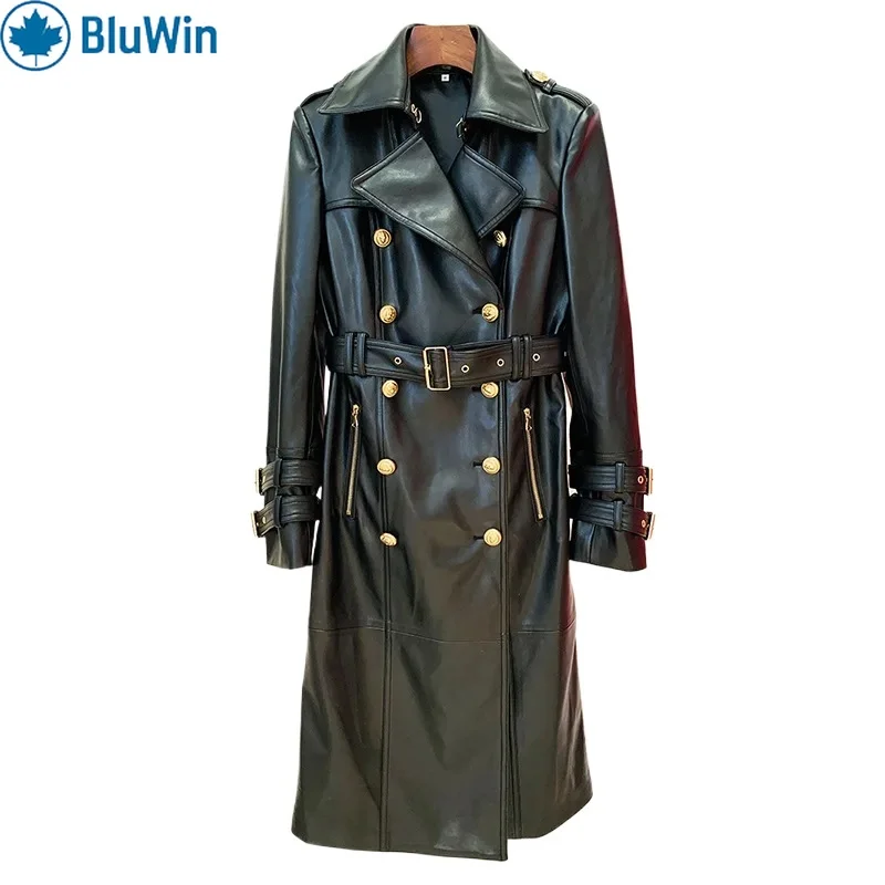 

BluWin Women's pu leather long trench coat fashion lapel double breasted waisted knee length jacket with belt