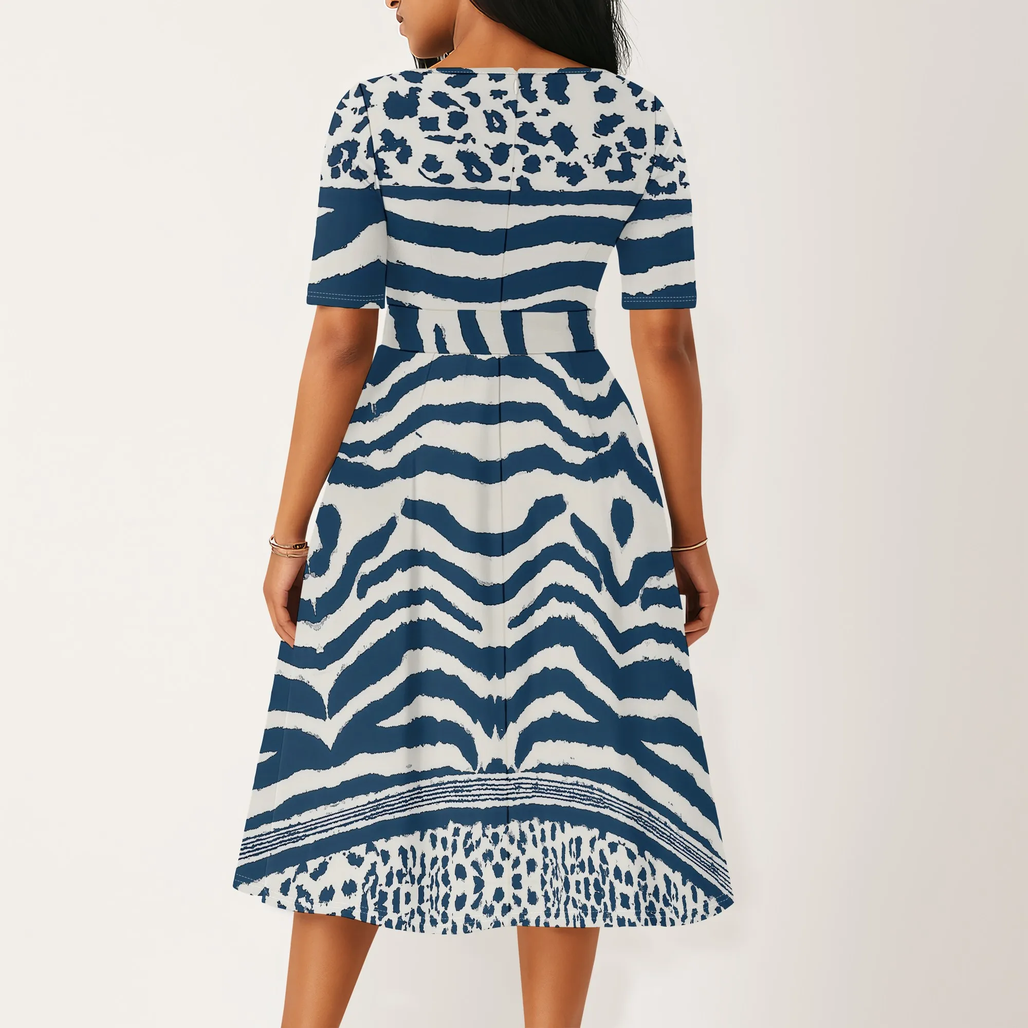 

Women's Blue Zebra Print A Line Midi Dress XS-3XL Short Sleeve Leopard Patchwork Summer Office Party Church Wedding Dress