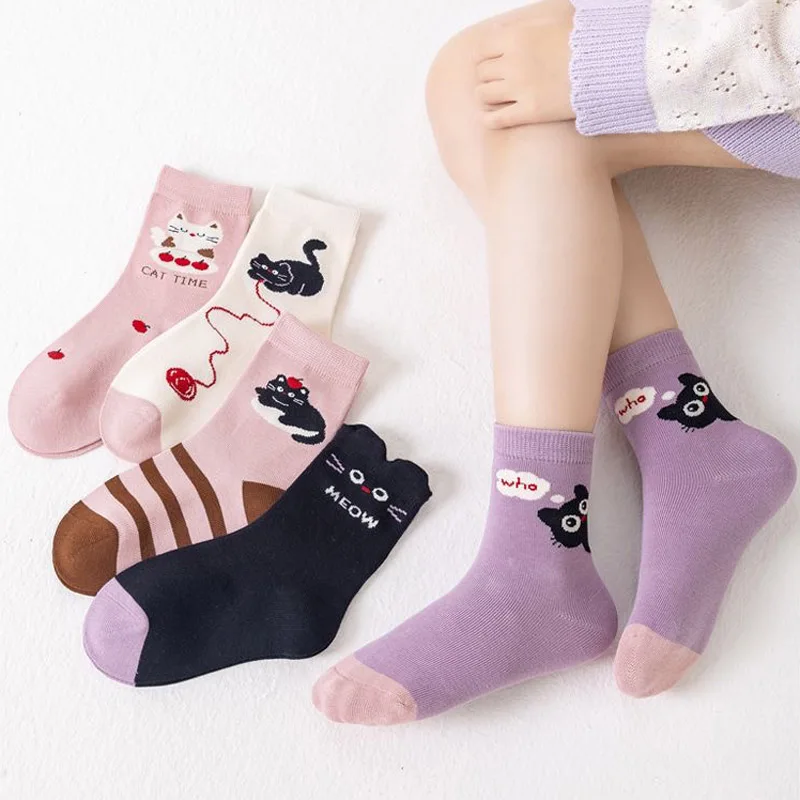 5 Paar Mädchensocken mit niedlichem Cartoon-Katzen-Streifendesign, bequeme Kindersocken für Babys – Detail 2