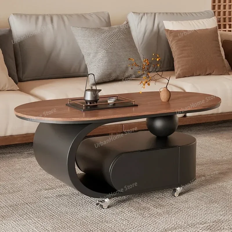 Oval Walnut Wooden Coffee Mesas De Canto Designer Furniture Household Wood Black Table Nordic Trolley Centro Wheels Sala Side