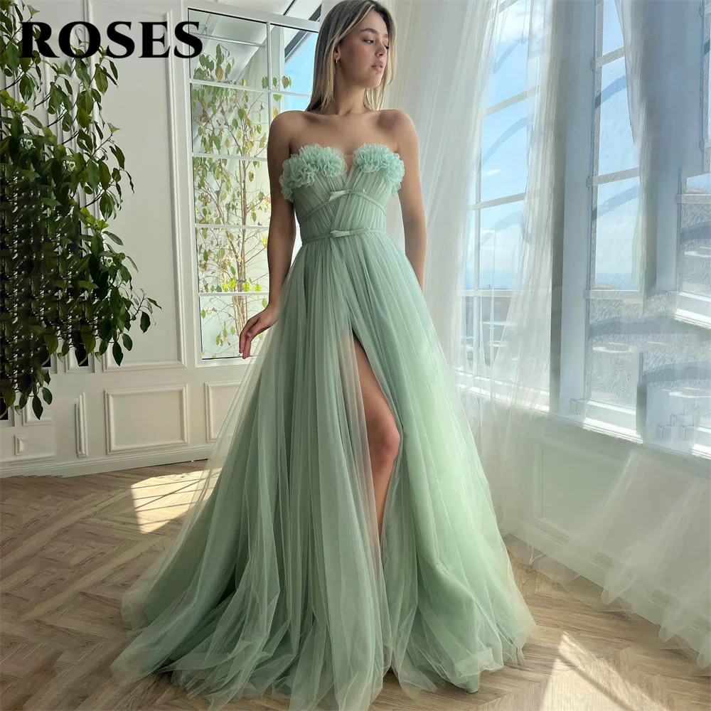 

ROSES 3D Flowers Belt Evening Gown Mint Green Tulle Elegant Prom Dress Side Split A Line Wedding Evening Dress robes de soirée