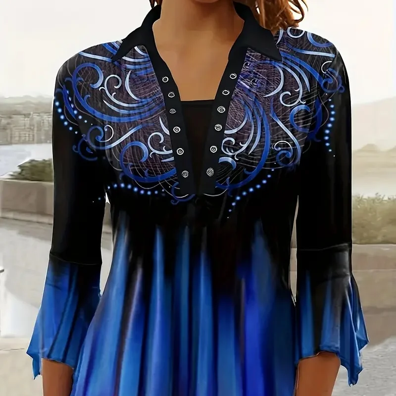 

Весенне-летняя женская рубашка с цветочным узором и воротником-колокольчиком 3/4, подходящая для повседневной носки, дизайн с круглым вырезом.