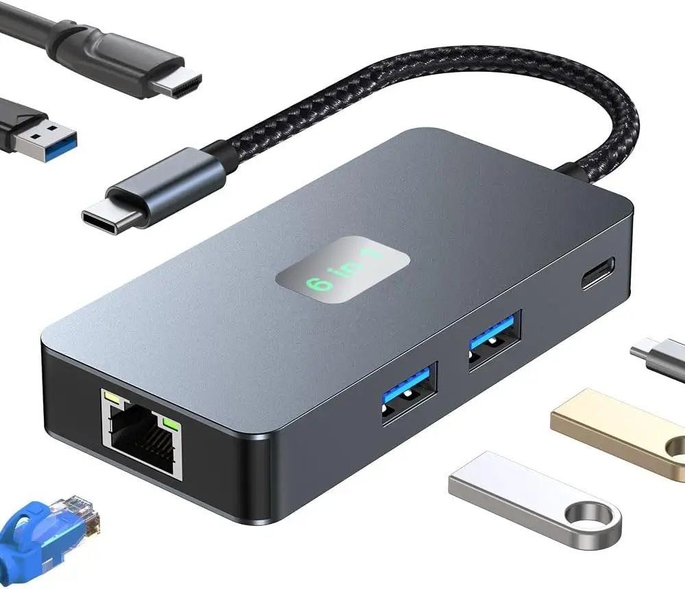 

USB-C Hub Docking Station, 6-in-1, USB 3.2 Gen2 10Gbps, 100W PD Charging, 1000M Ethernet, 4K60HZ HDMI,Gray,Applicable to Compute