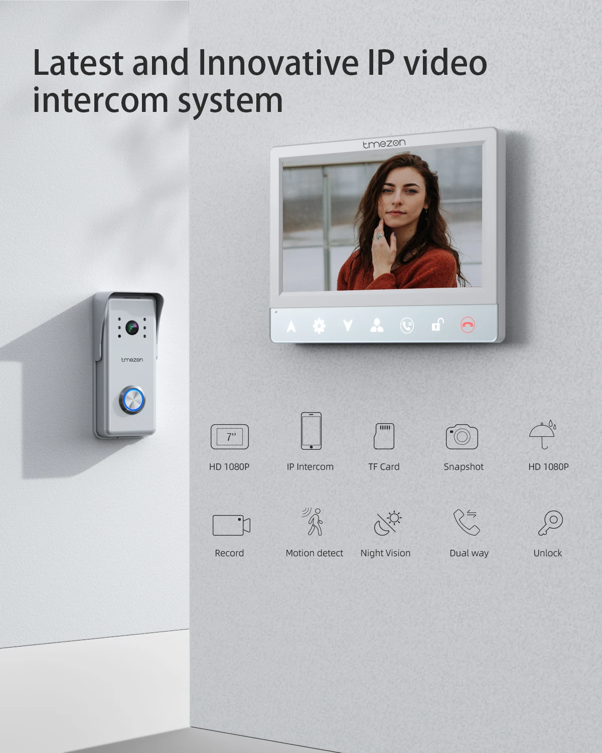 TMEZON TUYA APP Home Intercom System Wireless WiFi Smart IP Video Doorbell 7 Inch with 1080P Wired Doorbell Support 1 MONITOR