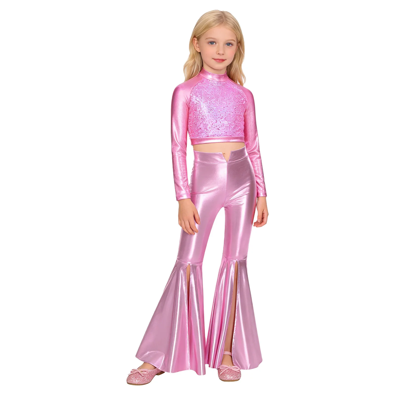 

Kids Girls Street Jazz Dance Party Outfits Long Sleeve Sequin Metallic Crop Top with Split Bell-Bottom Trousers Disco Dancewear