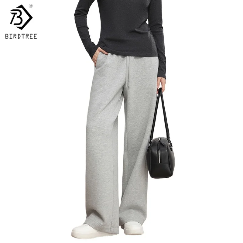 Birdtree Wool Blend Warmth Straight Pants,Women Elastic Waist Pocket Trousers,2025  Autumn High Waist Loose Pants P5O615JF
