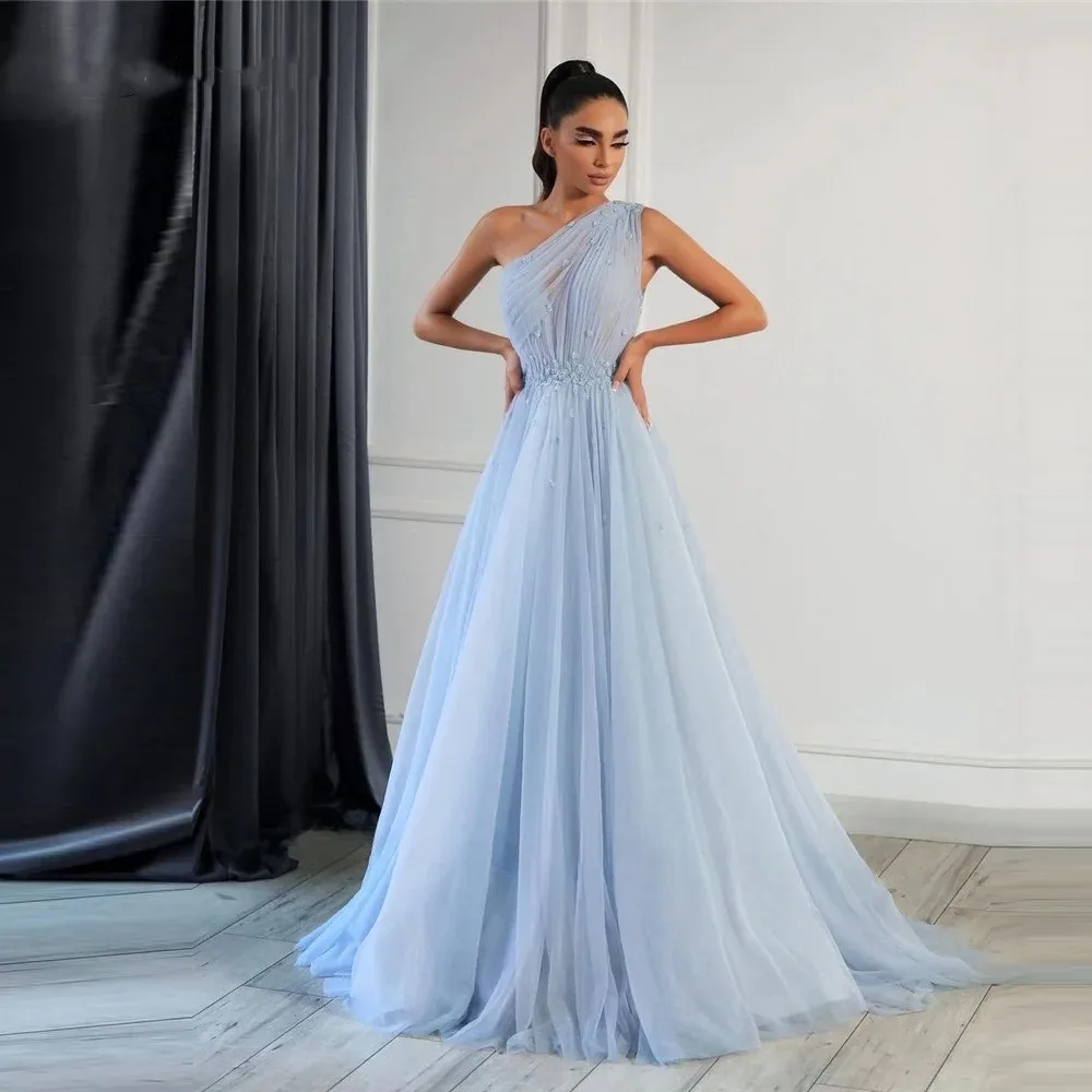 Flora-vestido de tul azul cielo para mujer, vestidos de noche de un hombro, vestido de fiesta de boda elegante, vestidos árabes de Dubai, baile de graduación