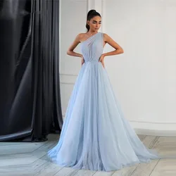 Flora Dress Sky Blue Tulle Prom Dress One Shoulder Evening Dresses for Women Wedding Party Gown Elegant Dubai Arab Gowns Prom