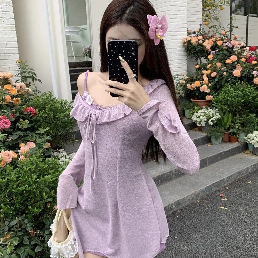 Sweet Hot Girl Pure Sexy Suit Women's Spring/Summer Light Purple Long-sleeved Top Lace Strap Wrap Hip Dress Two-piece Set