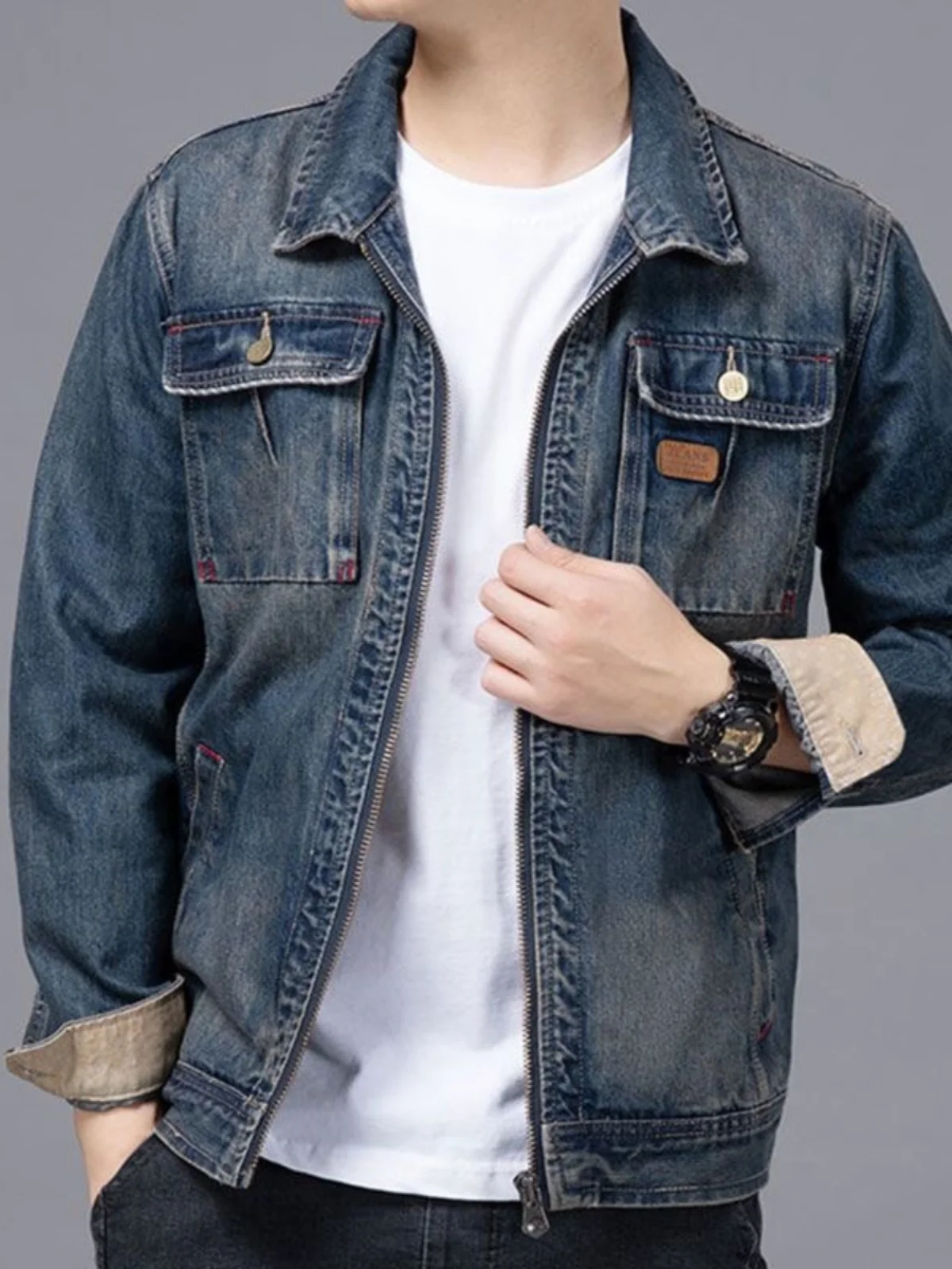

Sli Zipper Denim Jaet Men's Korean Sle Slim Fit Retro Casual Haome Workwear Top Trendy Autumn Winter New Arrival