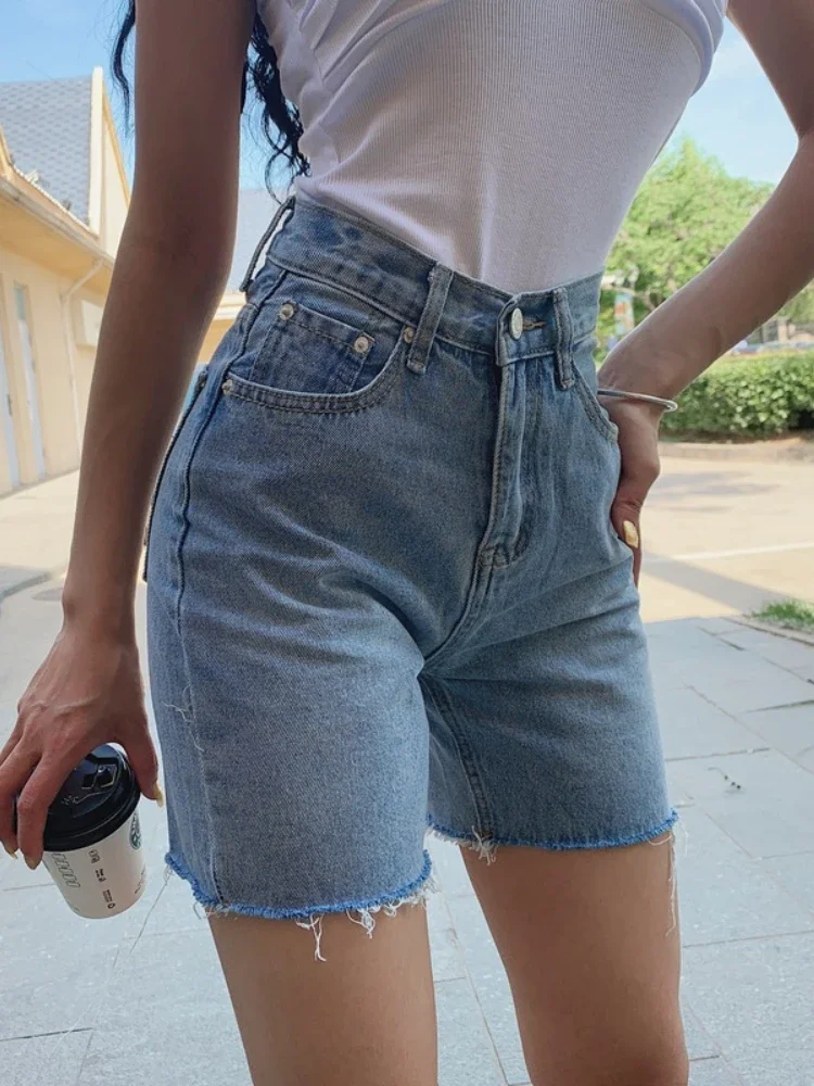 High Waist Slim Short Jeans Female Summer Retro Cotton Denim Shorts Women Slim Button Girls Fashion Women's Straight Shorts