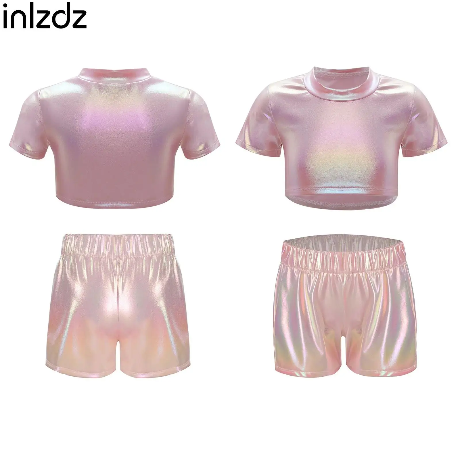 

Girls Jazz Dance Cheerleading Stage Performance Outfit Short Sleeve Round Neck Metallic Crop Top with Shorts Dancewear