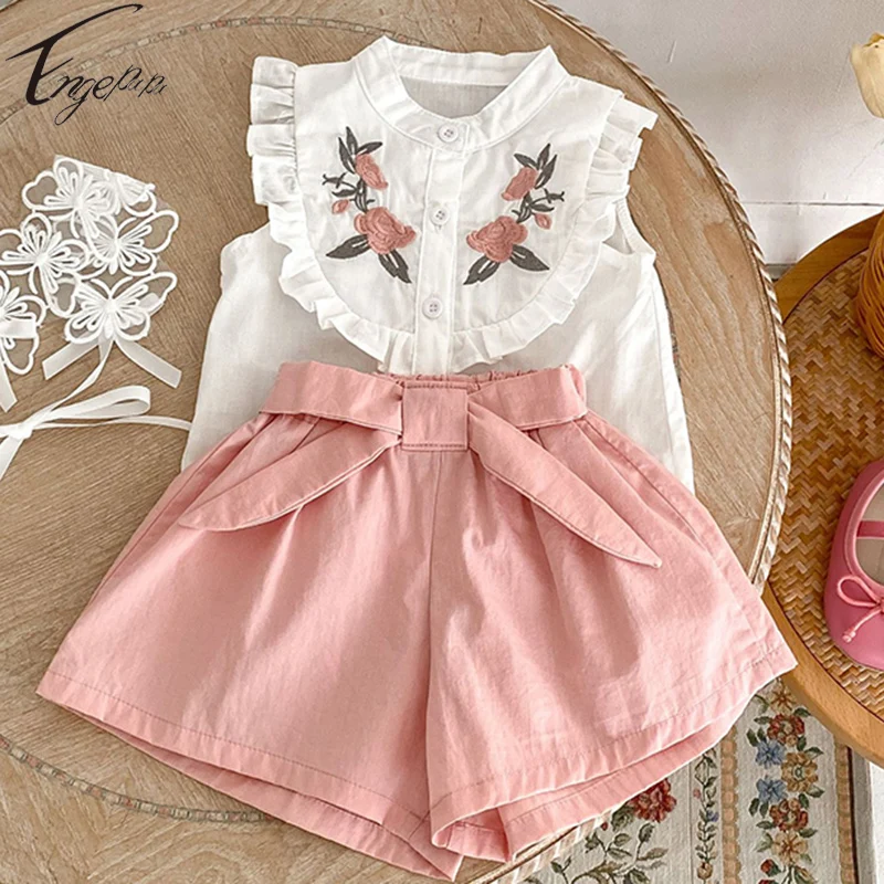 Kids Baby Girls Embroiderde Floral Suit Infant Sleeveless Top+Shorts 2pcs Baby Girls Suit Girls Casual Summer Clothing Suit