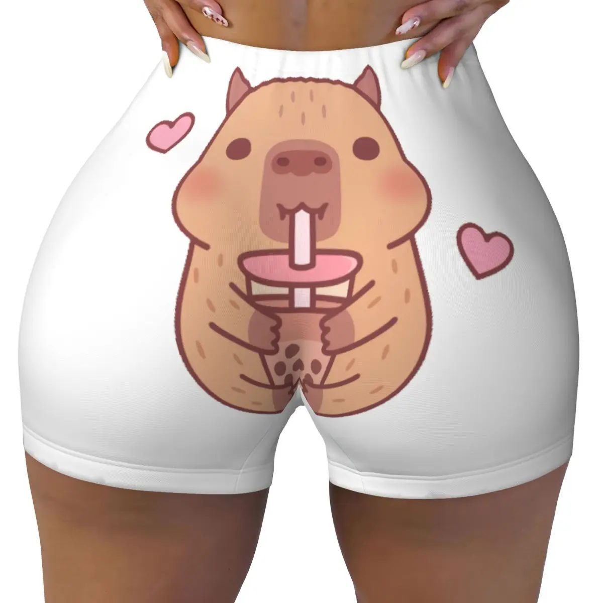 Custom Cute Capybara Loves Bubble Tea Volleyball Biker Workout Shorts Women's Gym Athletic Yoga Shorts