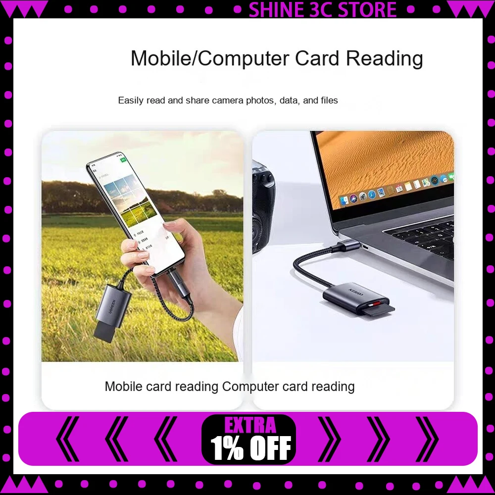 UGREEN 80887 CM401 USB 3.0 SD TF Card Reader 2-in-1 Memory Card Adapter Dual Card Reader for Computer Laptop
