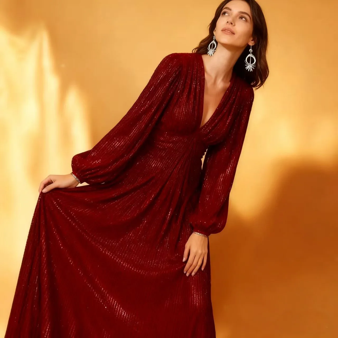 2025 invierno nueva exportación Rhinestone elegante cuello en V gran banquete vestido largo de noche