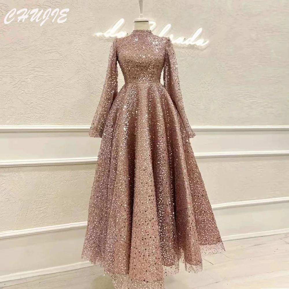 

Beading Evening Gown Muslim Elegant Formal Dress Gowns Customized HIgh Neck Arabia Sequins Long Sleeves Evening Gown Party Dress