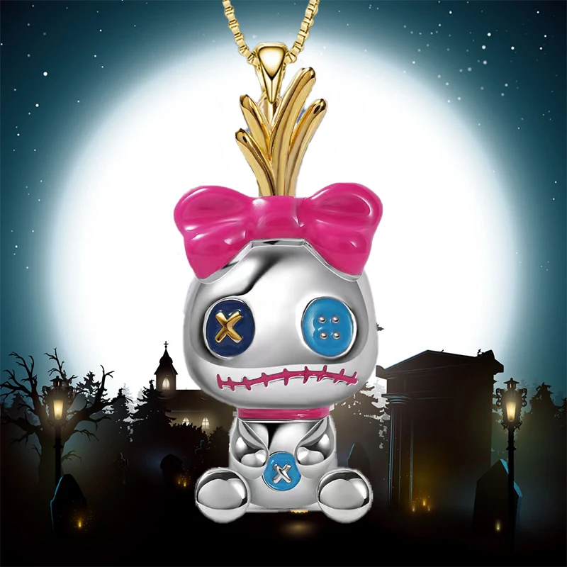 Lovely Funny Ghost Doll Circus Clown Necklace for Women Pink Bow Cartoon Character Pendant Creative Personality Birthday Jewelry