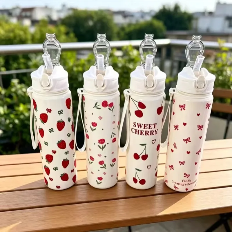 750ML Cute Strawberry Cherry Flower Bowknot Printed Tumbler Pure White Base High-Value Straw Cup for Sports Outdoor Daily Use
