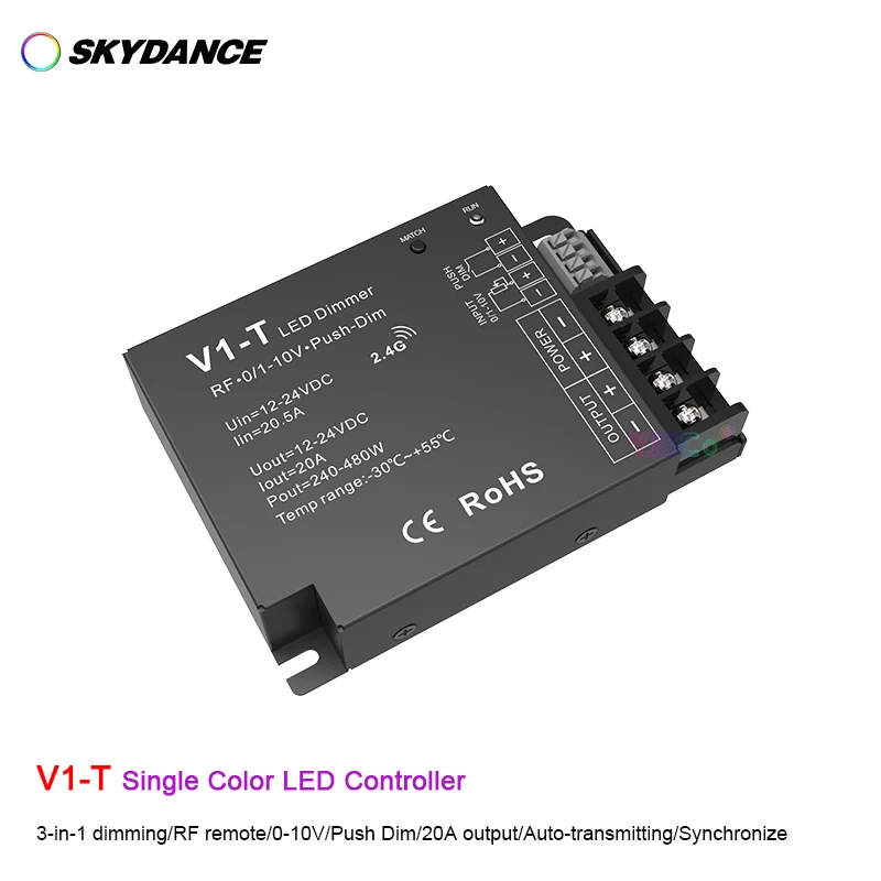 V1-T Single color led strip Controller Push-Dim 3 in1 Dimming Dimmer Auto-transmitting/Synchronize 12V-24V 20A 1-10V CV Dimmer