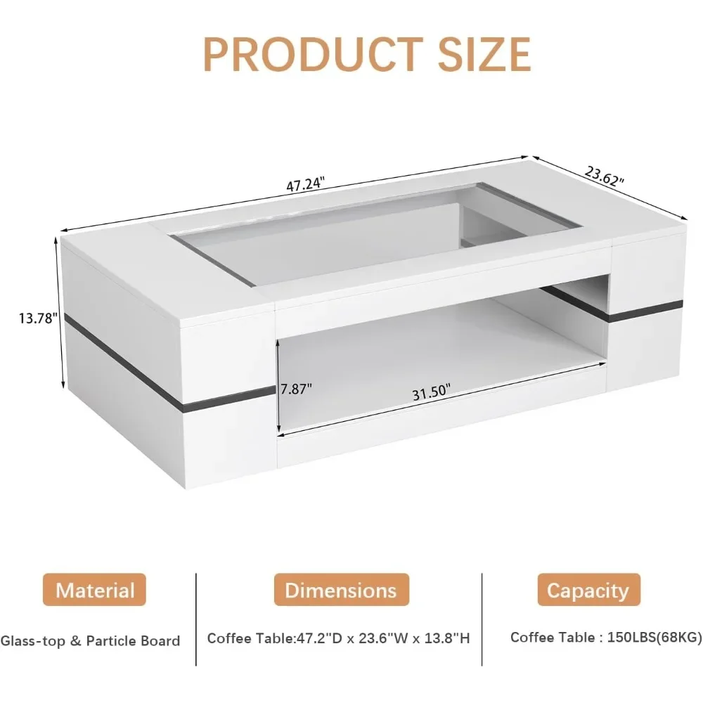 Contemporary 47.2 Inch Rectangular Glass Top Coffee Table with Storage for Large Living Rooms and Two-tier Design