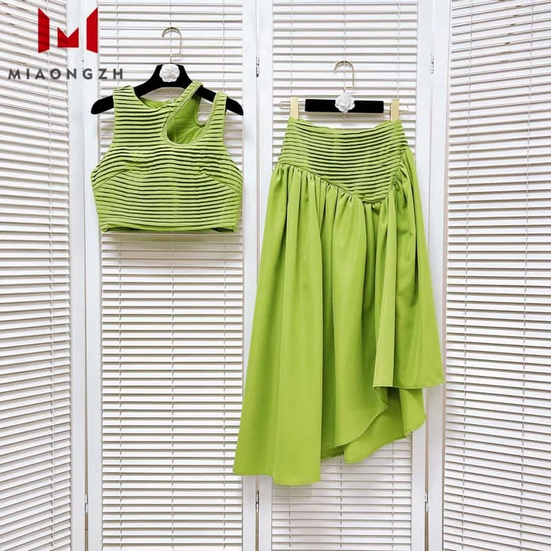 

Женская мода, однотонный комплект из двух предметов, ажурные топы без рукавов с круглым вырезом и бриллиантами, жилет + юбка с высокой талией и высокой талией, женская юбка