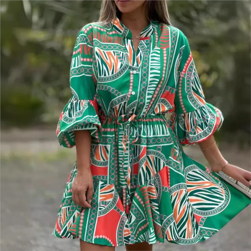 2024  Summer New Fashion Women's Mini Dress V-Neck Flare Sleeves Boho Print Skirt Spliced Sexy Holiday Beach  Dress Streetwear