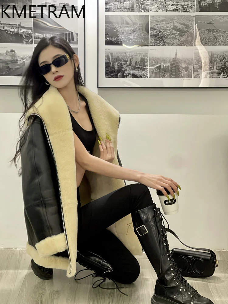 100% lana merino pelle di pecora doppia faccia giacca di pelliccia donna motociclista nero vero cappotto di pelliccia inverno donna abbigliamento 2025 шуба ж Döncud